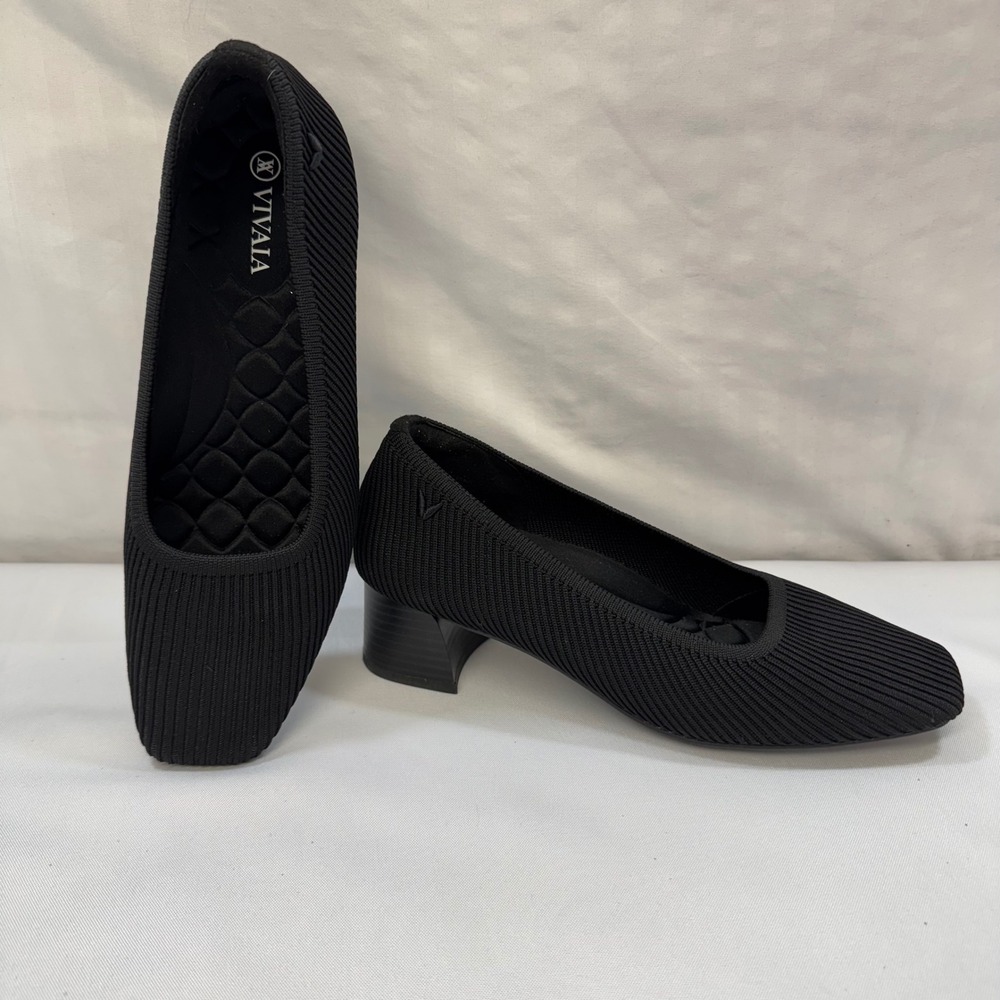 Vivaia Square Toe Margot Chunky Block Heels EU 39 US 8 Black Knit Ribbed Pumps